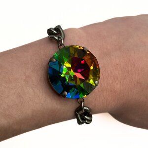 Handcrafted Large Rainbow Swarovski Crystal Dark Silver Chunky Chain Bracelet